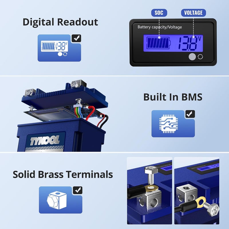 TYKOOL YTX14L-BS 3X Cranking Amps,5X Life, Lithium LiFePO4 Motorcycle Battery,12V 8Ah,480CCA,Digital Readout, Built in BMS,Powersports Battery, Compatible for Harley-Davidson, BRP (Sea-doo) Spark 900 - Image 3